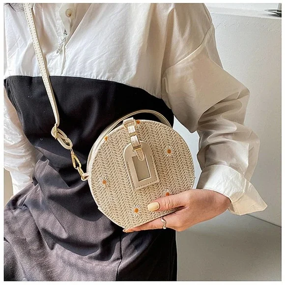 Daisy Flower Embroidered Round Straw Crossbody Bag in Beige - Picture 3 of 8